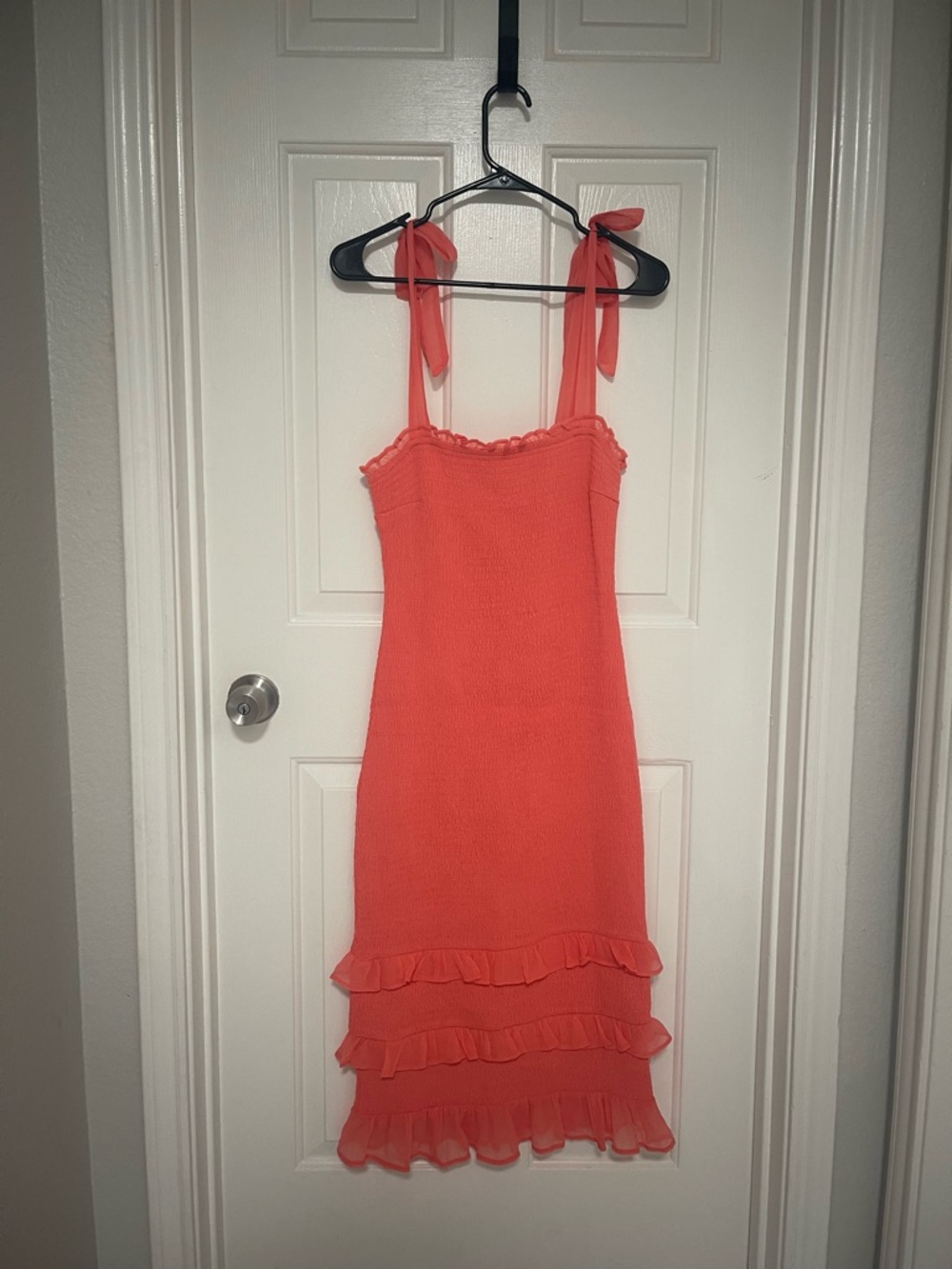 Abercrombie & Fitch Coral Ruffled Smocked Midi Bodycon Dress
